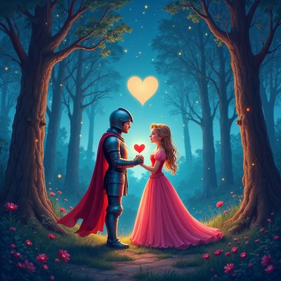 Knight giving heart to princess in forest