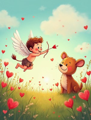 Cupid Shooting Arrow with Puppy