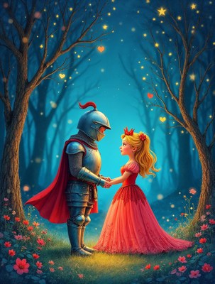 Knight and Princess Holding Hands in Enchanted Forest