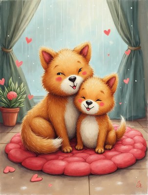 Cute Fox Couple Embracing on Rug