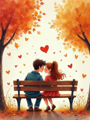 Young couple kissing on autumn bench