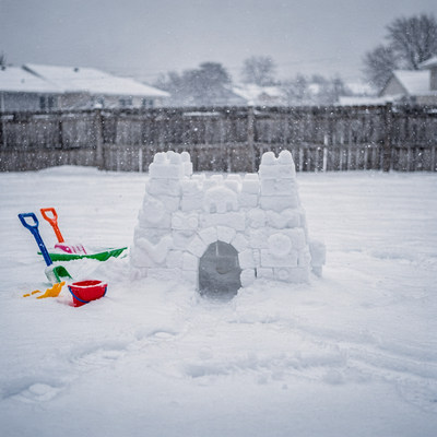 Snow castle with colorful toys