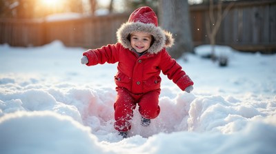 Toddler jumping in snow wearing red coat