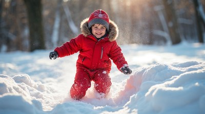 Boy playing in snowy forest