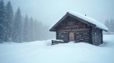 Snowy Log Cabin in Forest