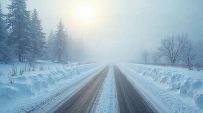 Snowy Road Through Foggy Forest