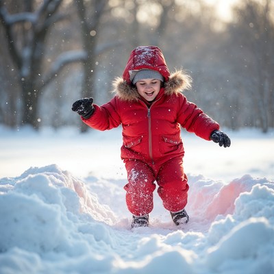 Toddler boy playing in snow