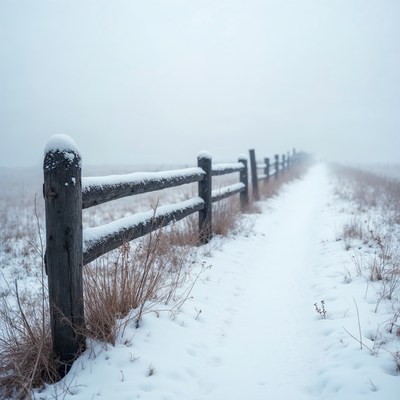 Snowy wooden fence in foggy field