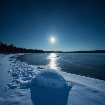 Full Moon Over Snowy Lake Shore