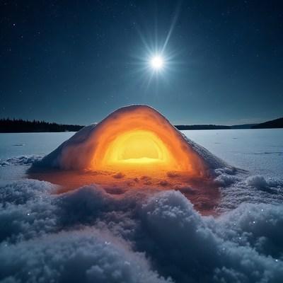 Igloo with glowing entrance under starry night sky