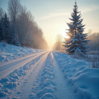 Snowy Road with Fir Trees at Sunrise