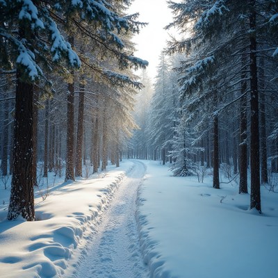 Snowy Path Through Sunlit Pine Forest