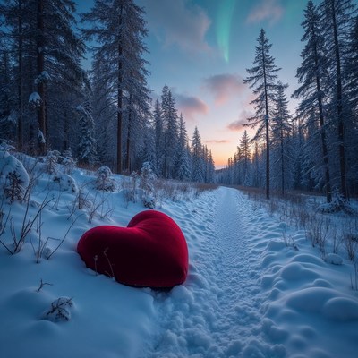Red Heart on Snowy Forest Path