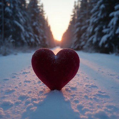 Red Heart in Snowy Forest Path