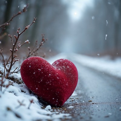 Red Heart in Snowy Forest Path