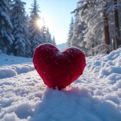 Red heart in snowy forest path