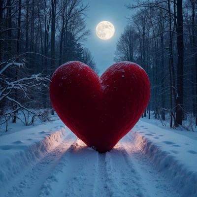 Snowy Red Heart in Moonlit Forest Path
