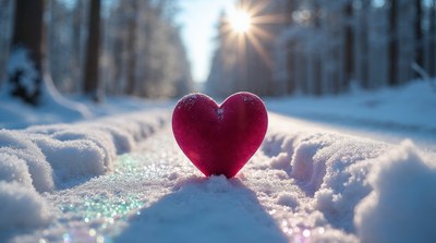 Red heart on snowy forest path