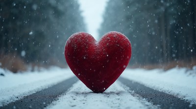 Red Heart in Snowy Forest Road