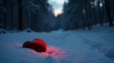 Red heart in snowy forest path