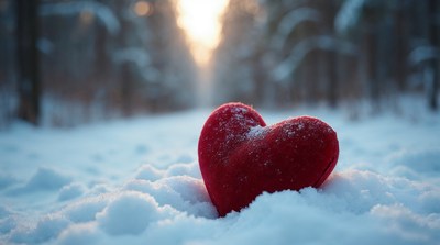 Red heart in snowy forest