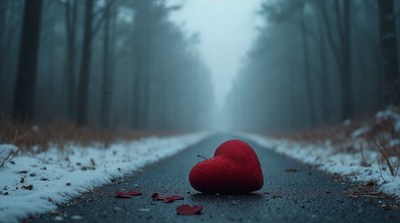 Red heart on snowy forest path