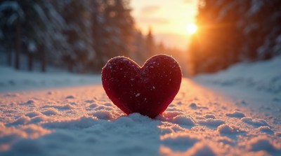 Red heart in snowy forest sunset