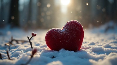 Snowy Red Heart in Winter Forest
