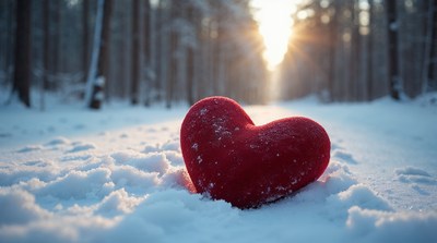 Red heart in snowy forest
