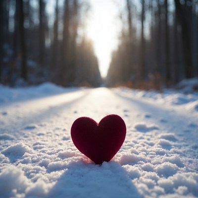 Red Heart on Snowy Forest Path
