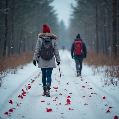 Woman and man walking snowy path with red leaves