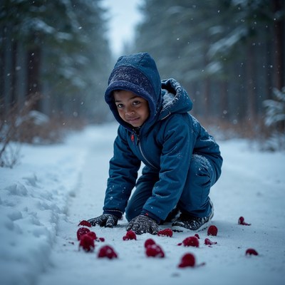 Boy playing with red pom poms in snowy forest