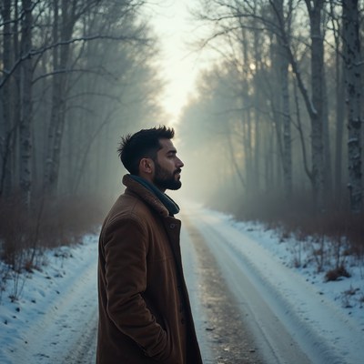 Man in brown coat on snowy forest path