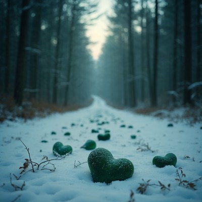 Green hearts on snowy forest path