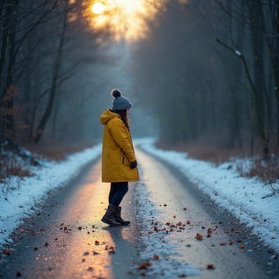 Woman in yellow coat on snowy forest road