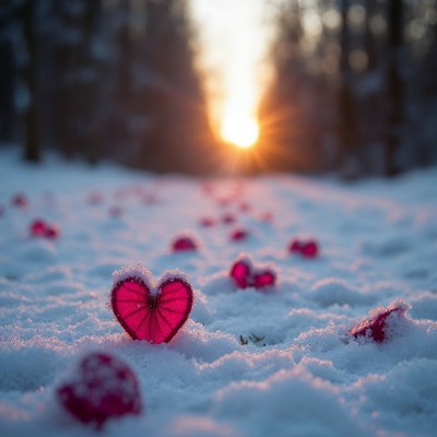 Pink hearts on snowy forest sunset
