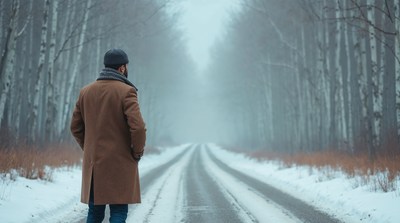 Man in trench coat on snowy road