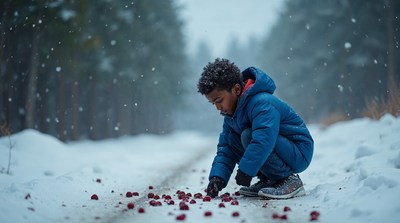 African-American boy picking red berries in snow