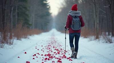 Woman hiking snowy path with red petals