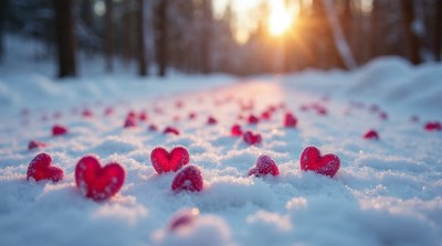 Red hearts scattered on snowy forest path