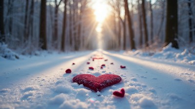 Red heart on snowy forest path