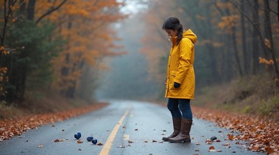 Woman in yellow raincoat on autumn road