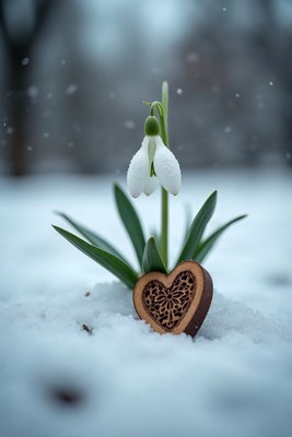 Snowdrop flower with wooden heart in snow