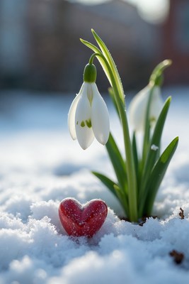 Snowdrops with red heart in snow