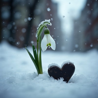 Snowdrop flower with chocolate heart in snow