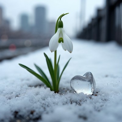 Snowdrop Flower with Ice Heart in Snow