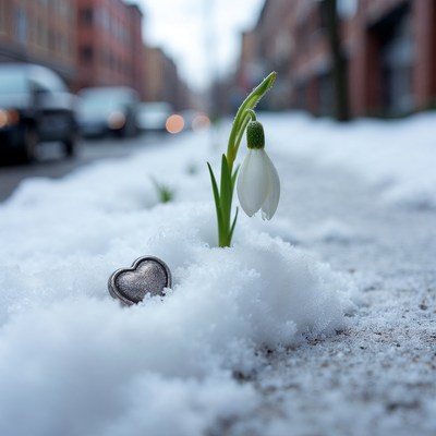Snowdrop flower with heart in snow