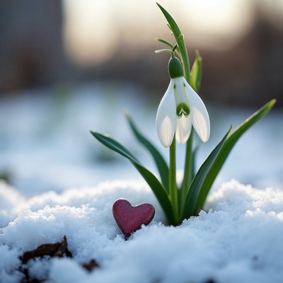 Snowdrop flower with red heart in snow