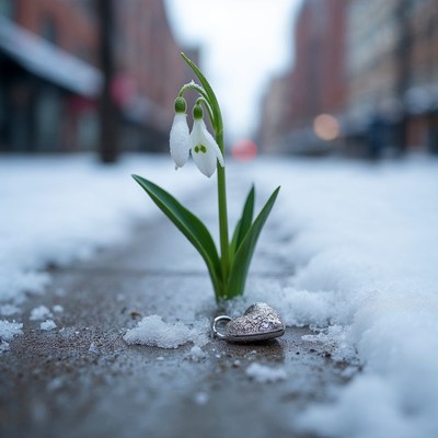Snowdrop flower with heart pendant in snow