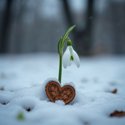 Snowdrop flower on heart in snow